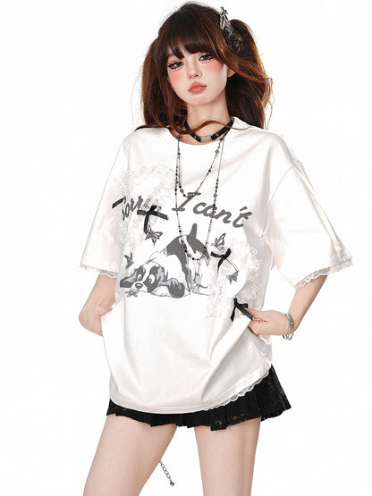 White/Grey Cute Puppy Print Short Sleeves T-Shirt