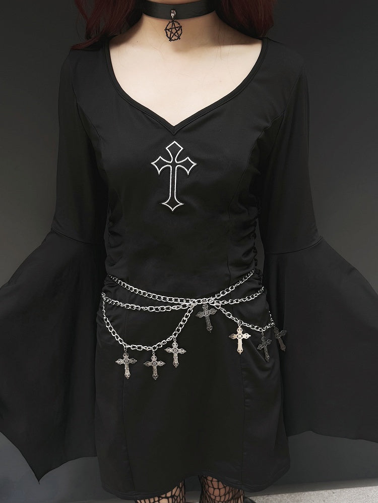 Gothic Punk Black Cross V-neck Flounce Bell Sleeves Dress with Waistchain Set