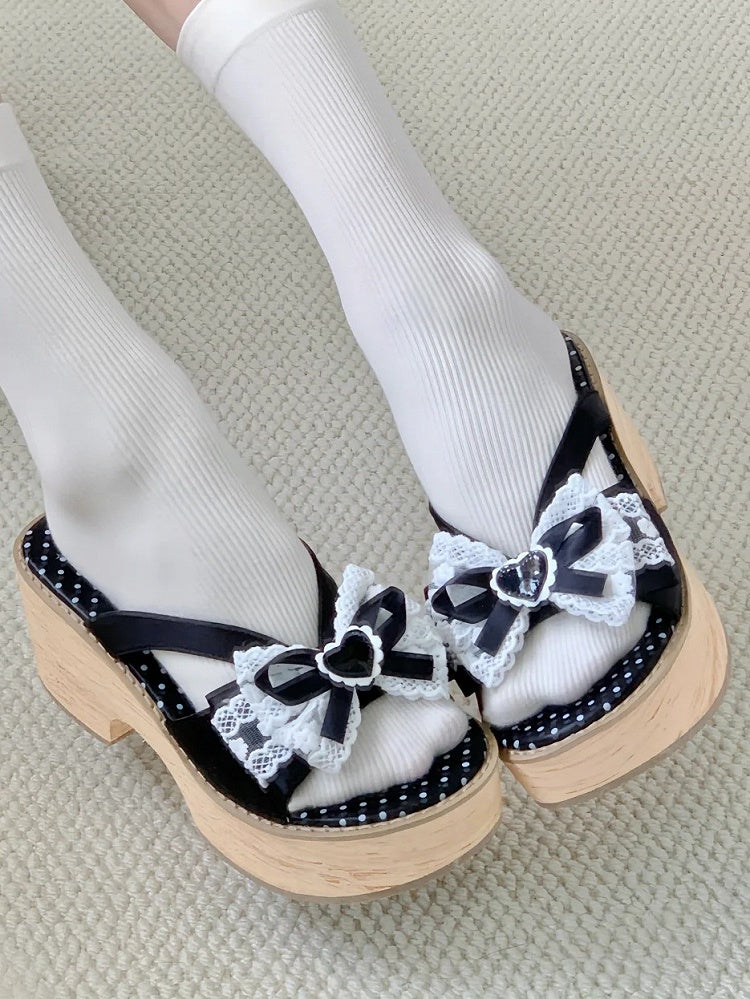 Bow Wa Heart Schwarz Weiß Applikation Lolita Bequeme Spitzenpantoffeln - Beschnitten