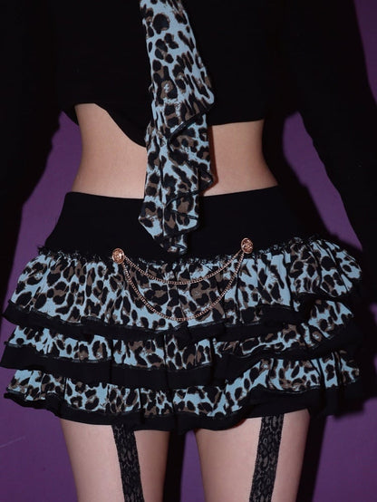Mint Hime Green/Purple Leopard Print Tiered Skirt with Ruffle Trim and Chain Accent Gyaru
