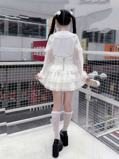 Style Design with Bow Landmine Long-Sleeve White Blouse Tie Cape Lace