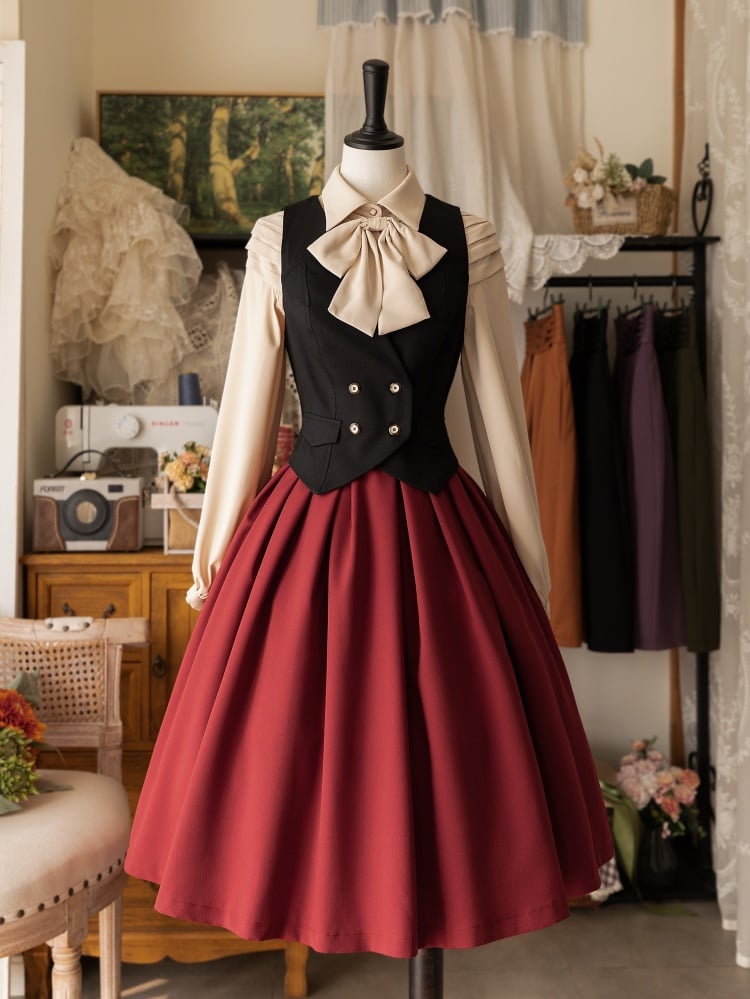Red High Waist Pleated Hem Lolita Skirt Lace-up and Shirring Back
