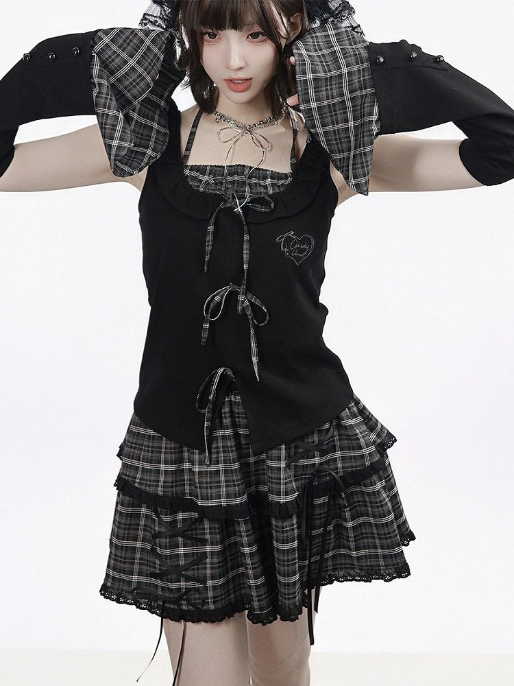 Black Fake Two-Piece Halter Top with Plaid Ties - PINK SAVIOR