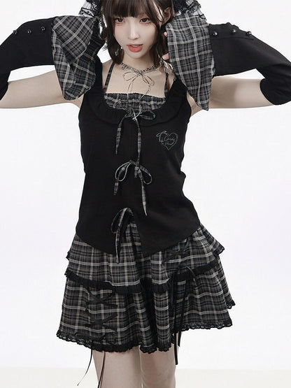 Black Fake Two-Piece Halter Top with Plaid Ties - PINK SAVIOR