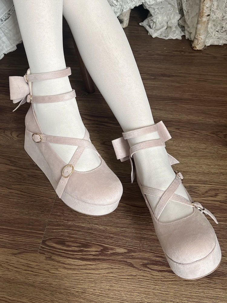 Plateauschuhe mit Keilabsatz und Schleife, Samt-Design, kreuz und quer, Rosa - Accent Sweet