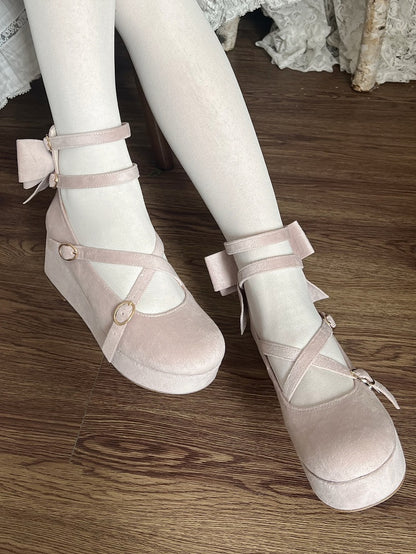 Platforms Wedge Bow Velvet Design Crisscross Pink - Accent Sweet