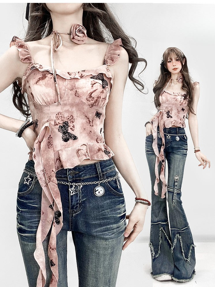 Cami Top Choker Asymmetrical Pink Hem Oil Rosette Painting And Print Glamorous Y2K With Butterfly