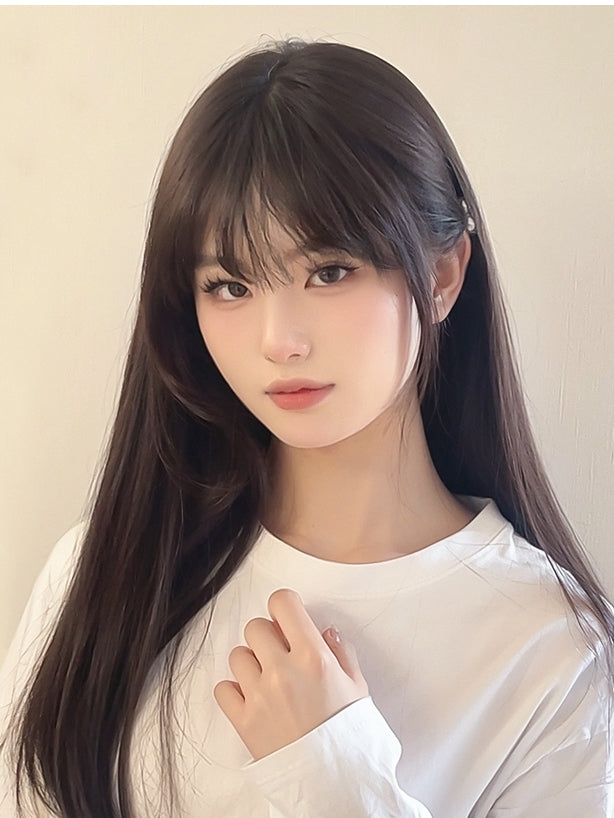 Dunkle Perücke 60CM Luftlänge Braun mit Pony Glatt