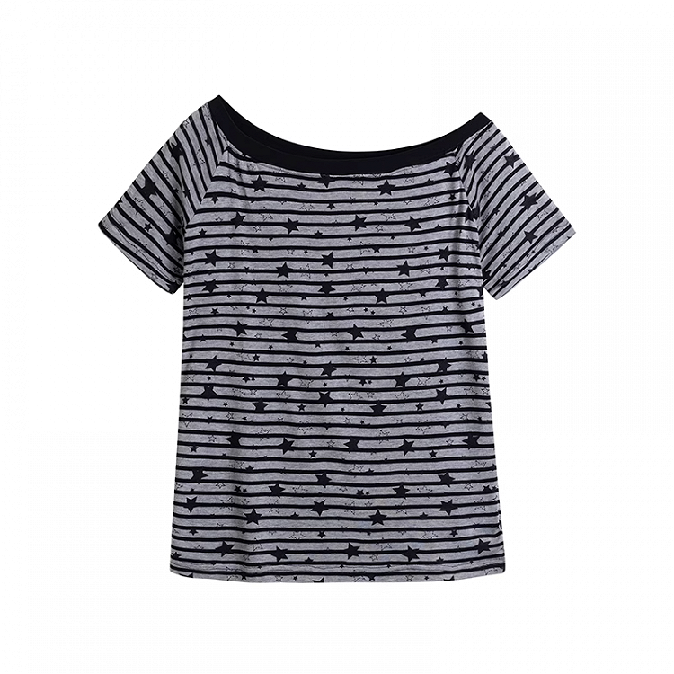 Print Gestreiftes T-Shirt Grau Asymmetrischer Ausschnitt Allover Star