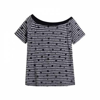 プリントストライプTシャツ グレー アシンメトリーネックライン オールオーバースター