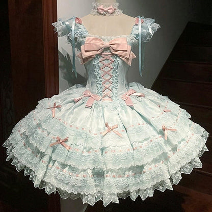 Lace Jacquard with Green Dress Princess Bow Lolita Details Multi-Layered