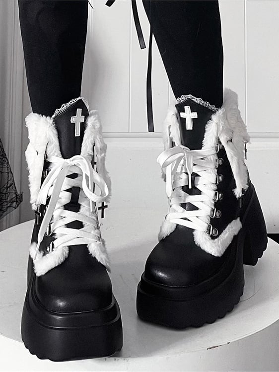 Punk Ankle with High Charm Cross Block Cuff Studded Heel Details Boots Plush Black Platform -