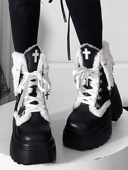 Punk Ankle with High Charm Cross Block Cuff Studded Heel Details Boots Plush Black Platform -