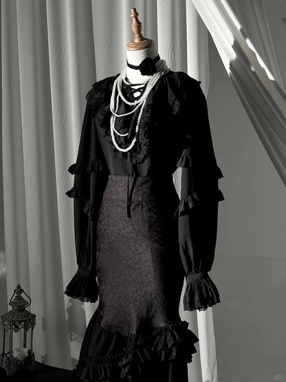 Skirt Fish-Tail Black Layered Ruffles Gothic Lolita with