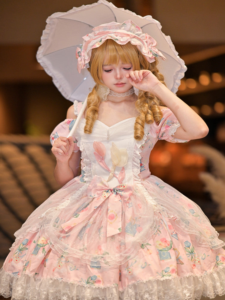 Dress with Pink Off-Shoulder Elegant Drawsting Tulip Lolita Print Tulle Overlay