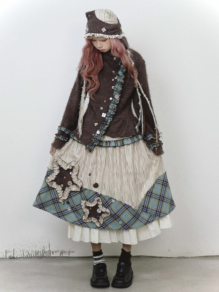 Bohemian Midi Skirt: Patchwork Green with Beige Kei Plaid Vintage Appliques Star Mori