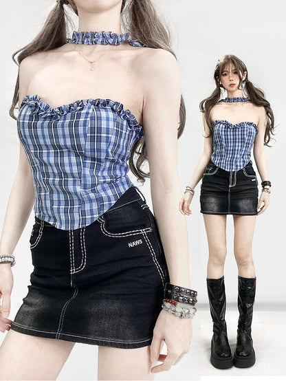 Y2K Top Plaid Neck WhiteBlue Pattern Glamorous Halter