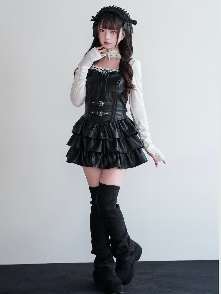Dress Ruffled Kei Leather Multi-Layer Jirai Suspender Black