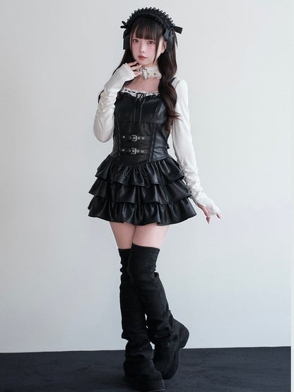 Dress Ruffled Kei Leather Multi-Layer Jirai Suspender Black