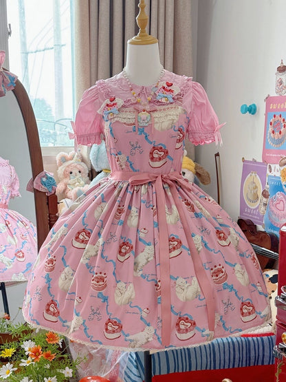 Flauschiger Showa-Pullover, rosa Kätzchen, süßes Lolita-Print, süßes Rockkleid