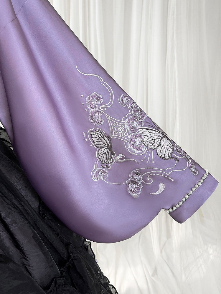 Zarte Schmetterling Schürze Lolita Kleid Schwarz Set Lila Han und Stickerei Voll Floral +