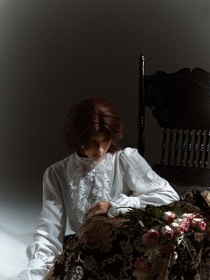 White Lace Ruffle Jabot Stand Collar Long Sleeve Blouse - Castle Too
