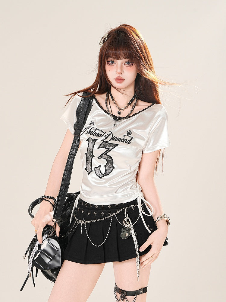 アップリケコアTシャツ 文字刺繍 レース ブロケート サイドドローストリング ナンバー ピンク/ホワイト