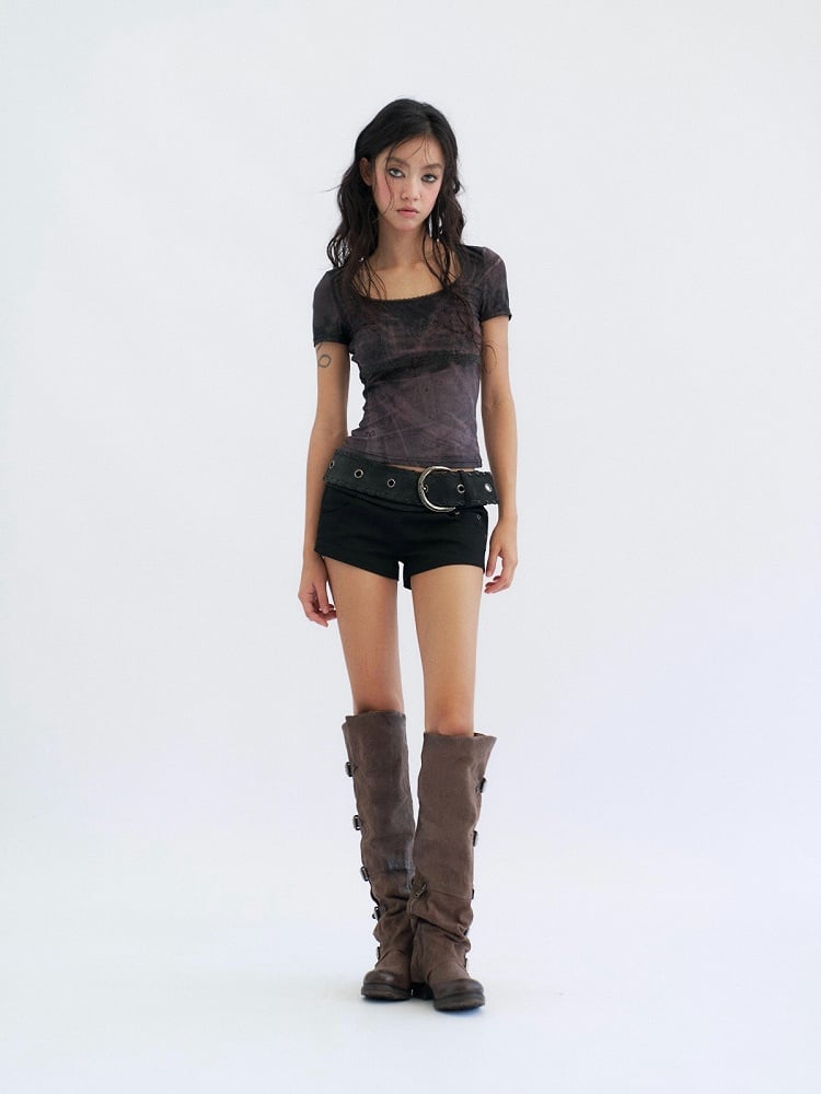Leather Mesh Detachable PU Sheer Panel Black Punk Denim Shorts Style