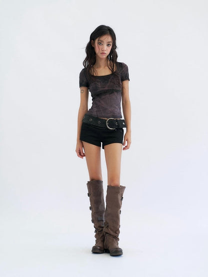 Leather Mesh Detachable PU Sheer Panel Black Punk Denim Shorts Style