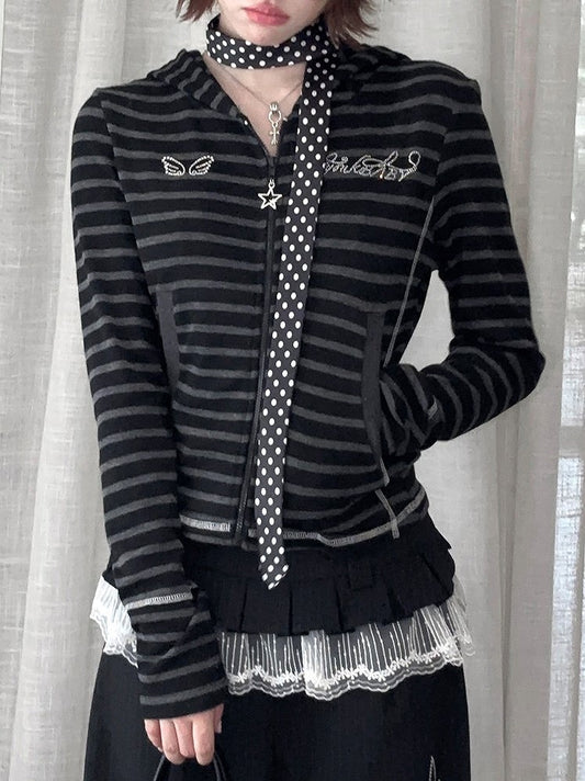 Striped with Gray Jacket Black Accents Rhinestone Star-shaped Zipper Closure Y2K