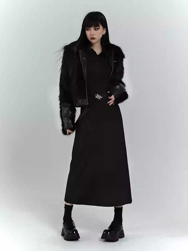 Black Zip Closure Shaggy PU Jacket