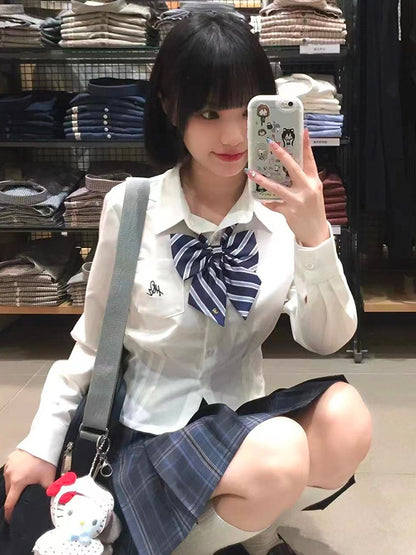 Letter Style Preppy JK Shirt White Uniform Embroidery