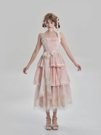 Print Dress JSK and Hem Painting Lolita Detail Oil Embroidery Tiered with Pink