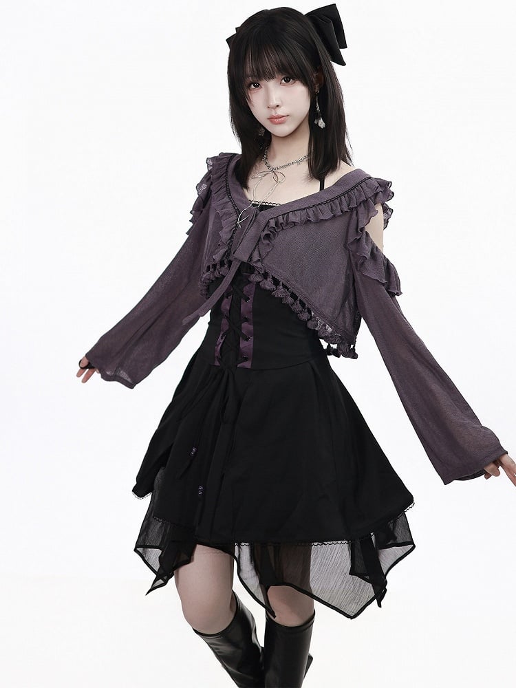 Purple Cutout Shoulder Knit Crop Top with Ruffle - PINK SAVIOR