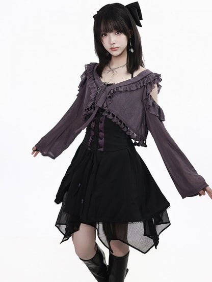 Purple Cutout Shoulder Knit Crop Top with Ruffle - PINK SAVIOR