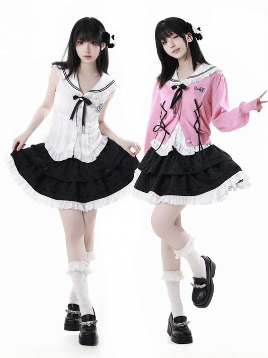 水玉模様のティアードスカート レース ホワイトトリム ブラック