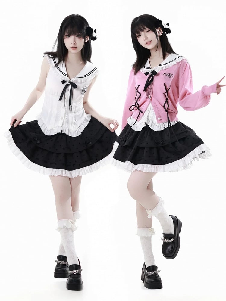 ピンクのレースアップディテール、フロントハートボタンプラケット、サマーニットカーディガン