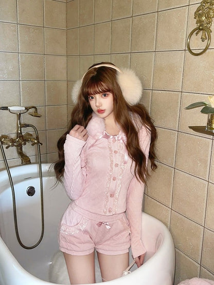 Pocket With Fleece Bow Lace-Trimmed Knit Shorts Pink