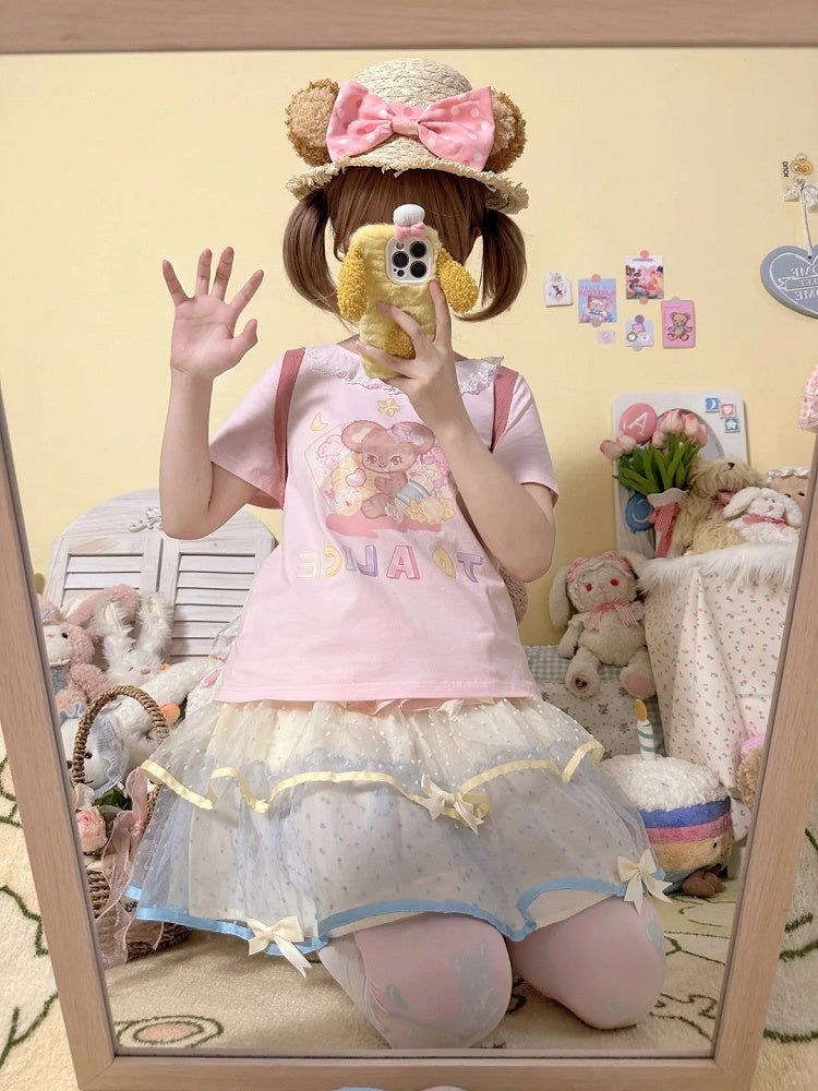 Tüll-Stufenrock mit Schleifenakzenten, Gelb, gepunktet, Rosa