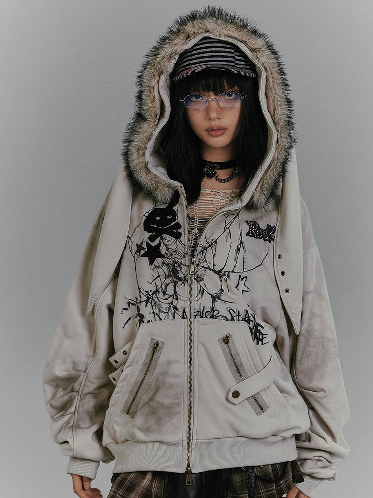 Kapuzenpullover mit Spinnennetz-Reißverschluss und Punk-Häschen-Fleece, graue Ohren, Rock-Print, Skelett