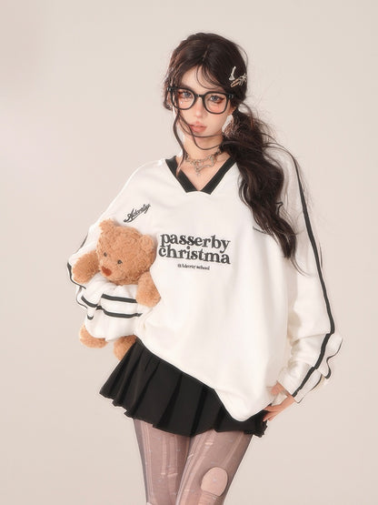 Sleeves White V-Neck Long Sleeve Preppy Top with Lettering Print and Striped