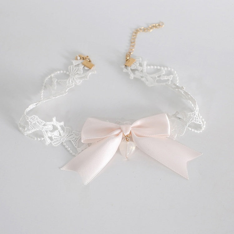 Heart Bowknot Charm With Cute Choker Orange-Pink Lace