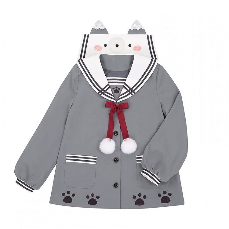 Gray Sailor Collar Top with Wolf Ears and Pom Poms - To Alice