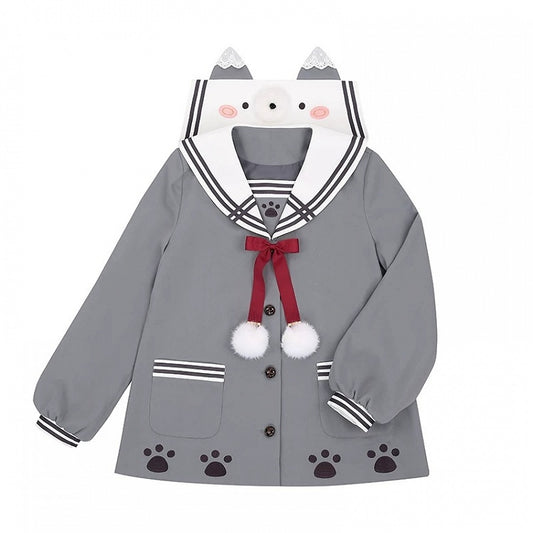 Gray Sailor Collar Top with Wolf Ears and Pom Poms - To Alice