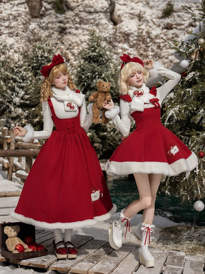 with Lolita Flutter Dress Fluffy Straps Embroidery Winter Apple Hem Red