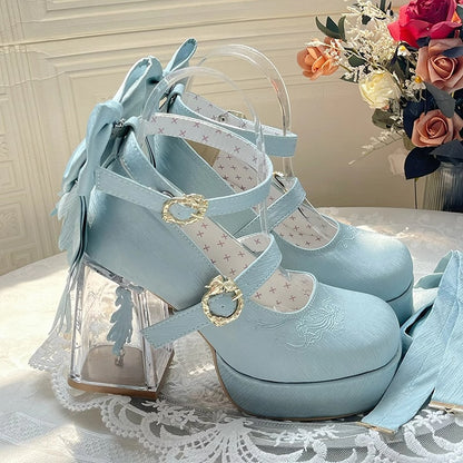 Light Green Koi Fish Charm High Block Heel Satin Platform Mary Janes with Detachable Bowknot - Floating Dream Realm