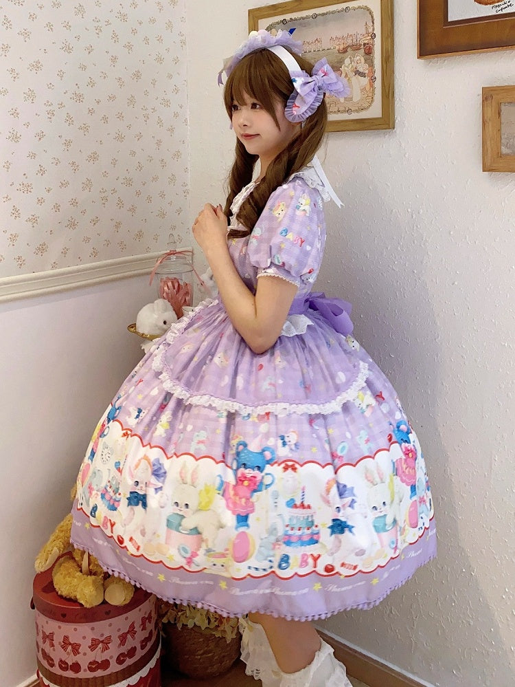 Lamm Ausverkauf - Größe L Kleid Bärendruck süßer Kragen 100 cm Lolita und lila Brustpan für Peter kurze Ärmel