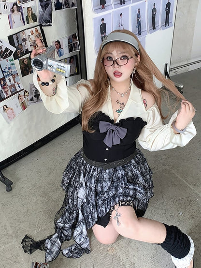 Bishop Dress Pleated Cutout Shoulder and Skirt / Sleeves Plus Size Black Brown with