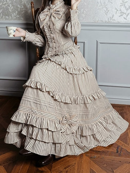 Brown Lolita Bow Layered Elegant Classic Ruffle with Embellishments Skirt Striped