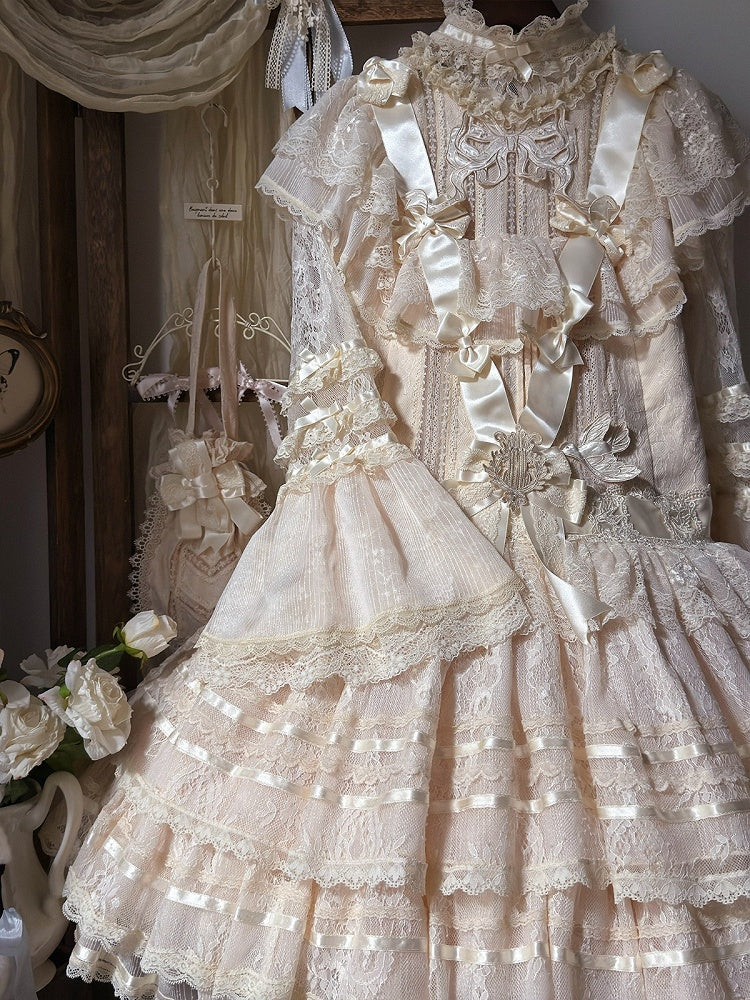 Retro Beige Lolita Lace Gown with Satin Ribbon Accents - Twin Bear Original Design